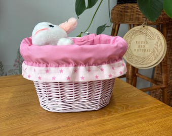 Handwoven wicker bike basket for kids, leather strap mount, multiple colors