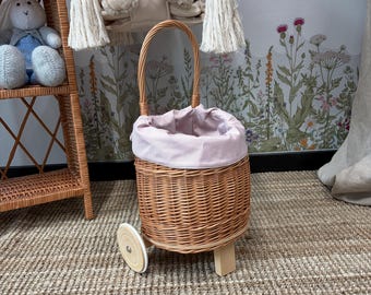 Wicker Push Walker for Boys and Girls – Toy Cart for Storage, Pretend Shopping and Nursery Decor