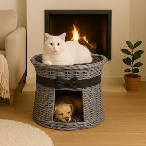 Handwoven Wicker Dog House – Cozy Wicker Pet Bed with Cushion for Small Dogs & Cats – Stylish Indoor Pet Furniture