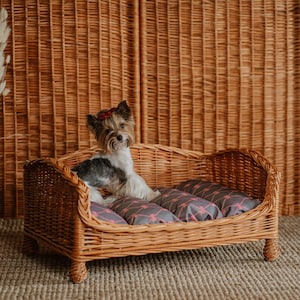 Op de afbeelding: Een geweven hondenbed van riet met een gebogen rug en vier korte poten. Het bed bevat drie rechthoekige kussens met een grijs en roze geometrisch patroon. Een kleine hond met een rode strik zit op het bed.