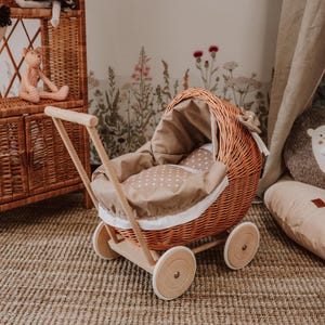 Premium rieten kinderwagen voor pop, beige of roze kinderwagen speelgoed Vintage stijl voor peuter, Eco kinderwagen, 1e 2e verjaardagscadeau voor klein meisje