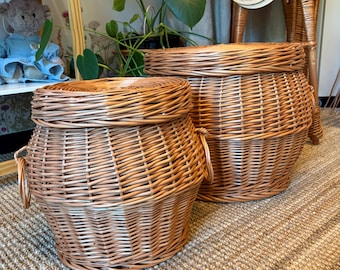 Handwoven Wicker Laundry Basket with Lid – Storage Basket, Wicker Ottoman, Natural Home Organizer, Handmade Basket
