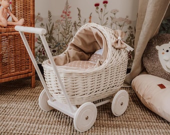 Premium Wicker Pram for Doll, Pink Beige Ecru Light Baby Carriage