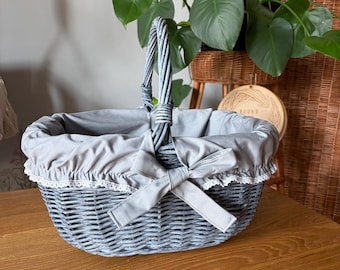 Handwoven grey wicker basket with liner and handle, picnic, shopping and storage basket