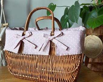 Handwoven wicker handbag with fabric liner and double handles, natural willow