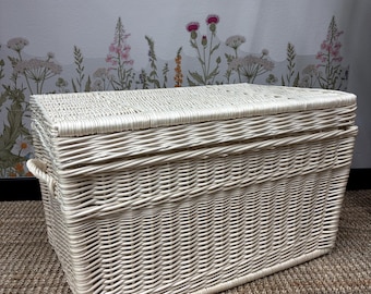 Handwoven Wicker Storage Trunk with Lid – White or Natural, Toy Chest & Seating