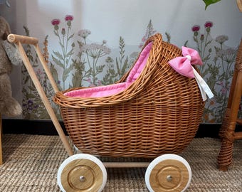 Handwoven Wicker Doll Pram – Doll Stroller for Girls, Handmade Doll Carriage, Birthday Gift
