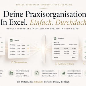 May include: A digital interface with the text "Deine Praxisorganisation. In Excel. Einfach. Durchdacht." displays patient cards, appointment scheduling, invoicing, and data management. The interface is designed to streamline practice operations.
