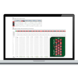 Könnte beinhalten: Ein Laptop-Bildschirm zeigt eine Tabelle mit einer Roulette-Rad-Grafik. Die Tabelle hat Spalten, die mit den Zahlen 1 bis 36 beschriftet sind. Die Roulette-Rad-Grafik zeigt die Zahlen 0 bis 36 in einem Kreis angeordnet.