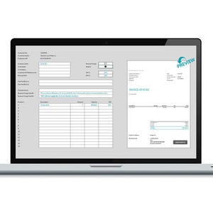 May include: A silver laptop showing a digital invoice with the word "PREVIEW" in teal. The invoice includes fields for customer information, VAT, and item descriptions.