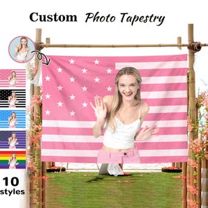カスタム写真のピンクのアメリカ国旗タペストリー、あなたのイメージをデザインしたパーソナライズされたタペストリー、タペストリーの寝室の装飾、写真の壁掛けタペストリーの装飾
