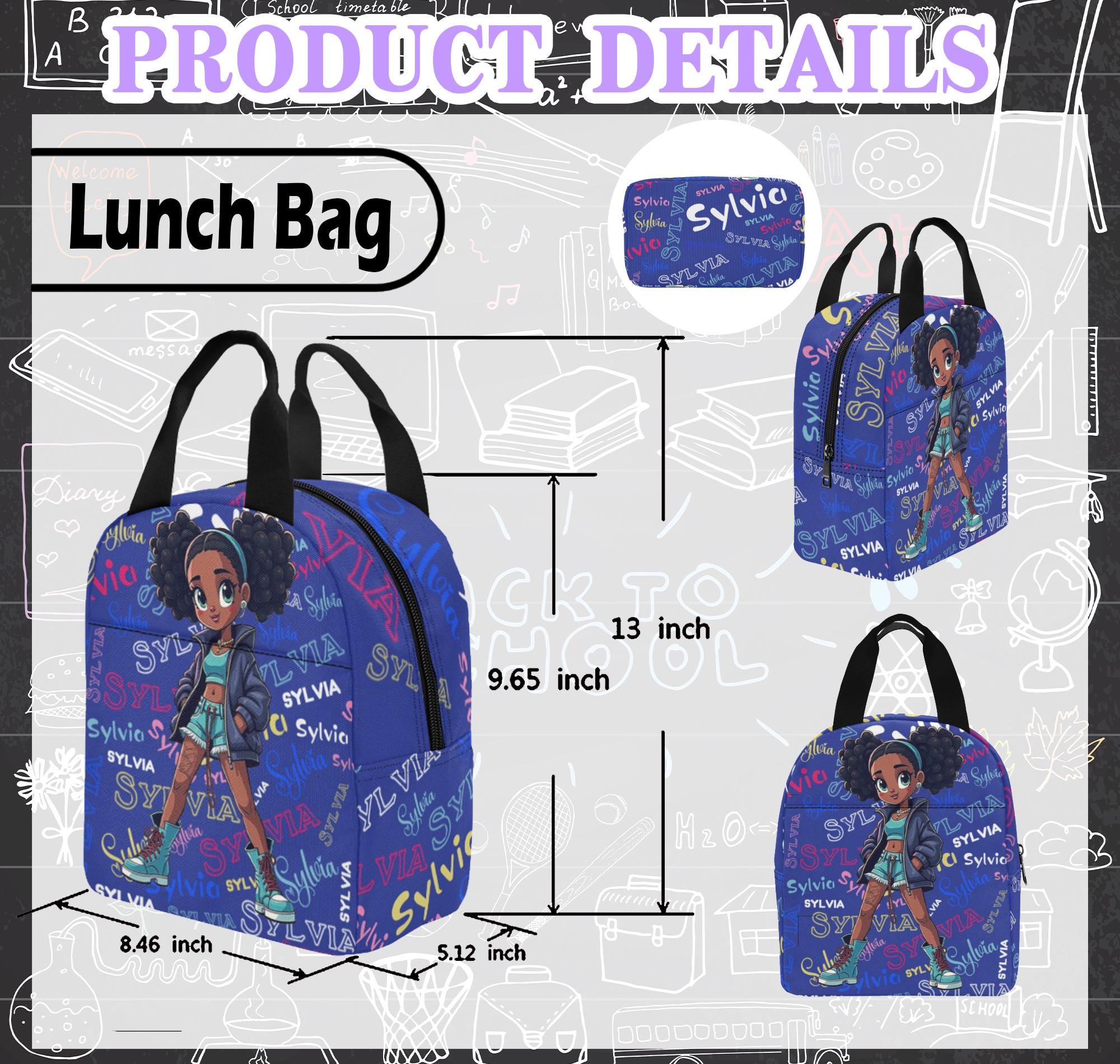 Custom Black Girl Backpack Lunch Bag, Preschool Name Backpack Lunch Bag, Custom Name School Bag for Girl, Back to School Gift, Birthday Gift