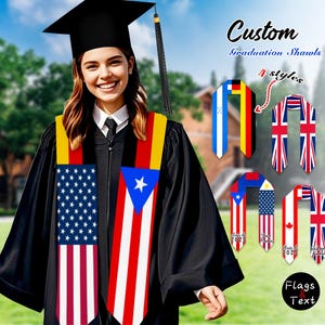 Custom Country Flag Graduation Stoles, Custom Mixed 2 Flags 3 Flags Graduation Stole Class of 2025, Personalized Graduation Gift for Student
