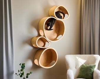 Juego de 4 casitas de madera modernas para gatos / estantes de pared para gatos, muebles acogedores para mascotas.