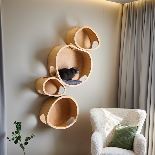 Set of 4 Modern Wooden Cat Houses | Wall Mounted Cat Shelves, Cozy Pet Furniture