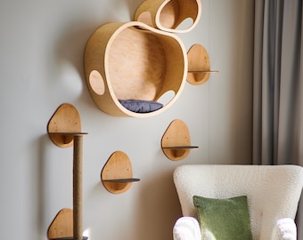 Conjunto de pared de madera para gatos, 2 casitas, rascador, 3 estantes, muebles modernos para gatos.