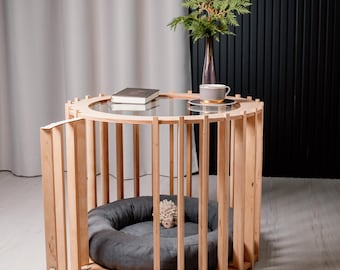 Modern Coffee Table Dog House: Light Wood Pet Crate