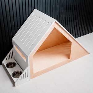 Modern Dog House with Wooden Feeder: Luxury Pet Bed Set