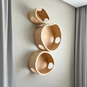 May include: Three wooden, wall-mounted shelves with a natural finish. Each shelf has a unique, rounded shape with a large opening and several smaller, circular cutouts. The shelves are arranged vertically on a light-colored wall.
