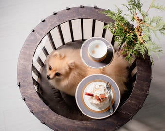 Modern Dark Wood Dog House Coffee Table: Pet Bed Furniture