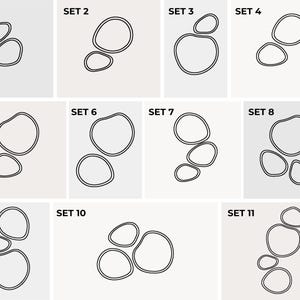 May include: Eleven sets of abstract, black line art designs on a light gray background. Each set features a different arrangement of interconnected, rounded shapes. The text "SET" followed by a number is above each design.