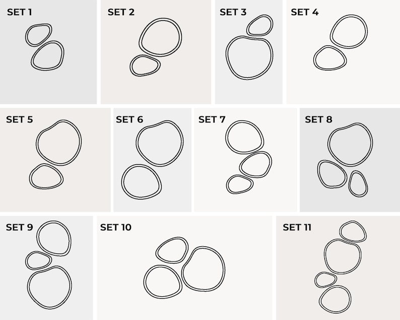 May include: Eleven sets of abstract, black line art designs on a light gray background. Each set features a different arrangement of interconnected, rounded shapes. The text "SET" followed by a number is above each design.