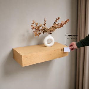 Puede incluir: Un estante flotante de madera clara con un jarrón de cerámica blanco en forma de rosquilla que contiene ramas de eucalipto secas de color marrón. Una tarjeta rectangular blanca se sostiene contra el lateral del estante, que muestra un icono inalámbrico y el texto TAP CARD to unlock.