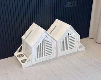 Bundle: 2 Wooden Dog Houses with Free Feeding Station – Modern Pet Furniture Set