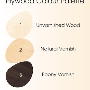 May include: A plywood color palette graphic with three oval-shaped wood samples. The samples are labeled 1, 2, and 3, and are described as Unvarnished Wood, Natural Varnish, and Ebony Varnish, respectively. The text "Plywood Colour Palette" is at the top.