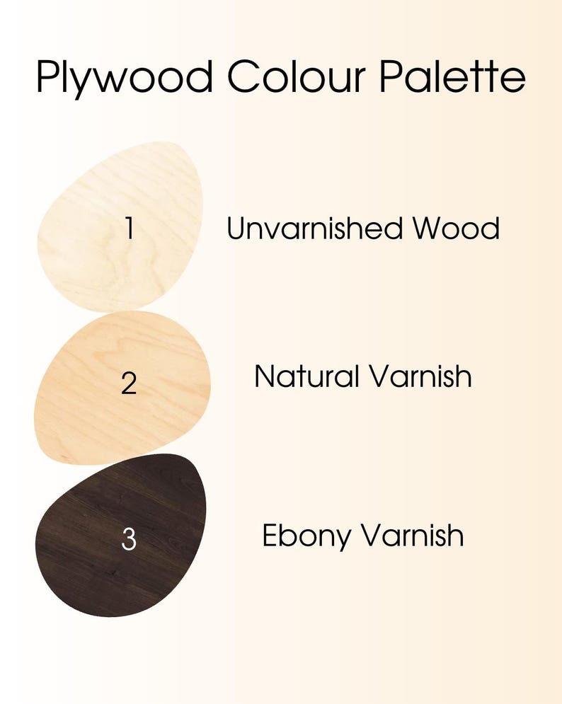 May include: A plywood color palette graphic with three oval-shaped wood samples. The samples are labeled 1, 2, and 3, and are described as Unvarnished Wood, Natural Varnish, and Ebony Varnish, respectively. The text "Plywood Colour Palette" is at the top.