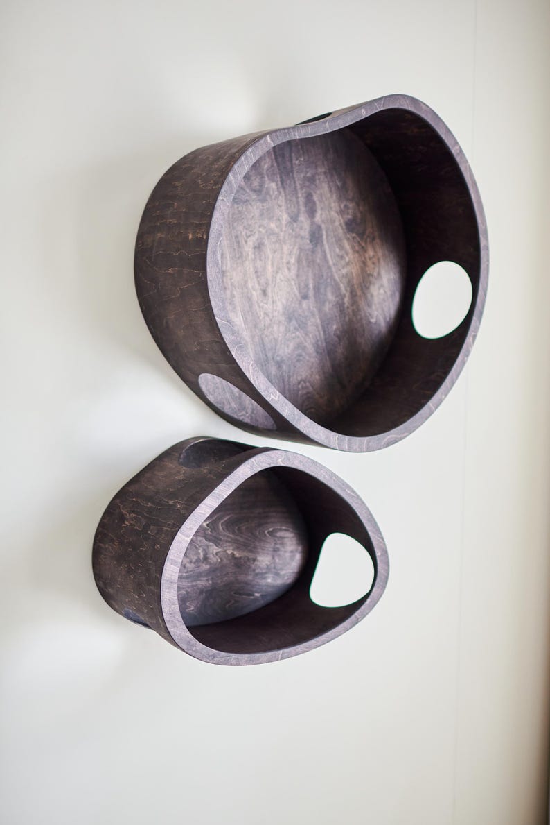 May include: Two dark brown wooden wall shelves with a unique, organic shape. Each shelf has a large, open interior and a circular cutout on the side. The shelves are mounted on a light-colored wall, creating a modern, minimalist aesthetic.