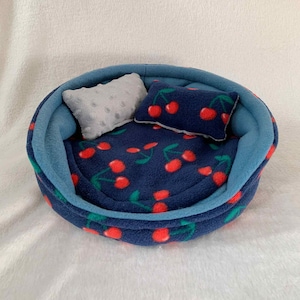 Cherry Polar Fleece Cuddle Cup Fleece Bed with Matching Mini Pillows, Guinea Pig Fleece Bed, Chinchilla Bed, Guinea Pig Bedding