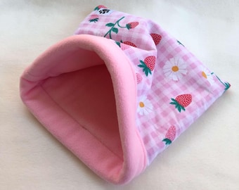 Strawberry and Daisies Polar Fleece Cuddle Sack Handmade by Gizmo & Co, Pink Polar Fleece for Guinea Pigs, Rats, Hedgehogs, Small Pets