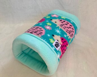 Handmade Hedgehog Print Teal Fleece Tunnel for Guinea Pigs, Hedgehogs & Small Pets, Cosy Polar Fleece Hidey, Enrichment by Gizmo and Co