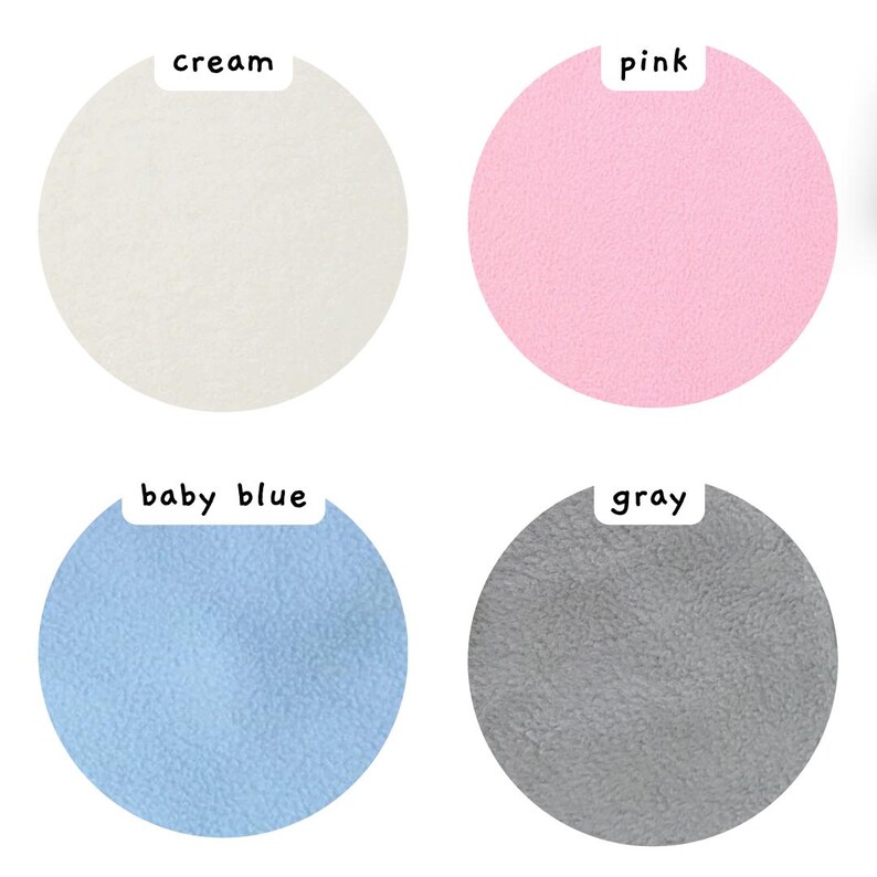 May include: Four circular fabric swatches arranged in a grid. The top left is cream, the top right is pink, the bottom left is baby blue, and the bottom right is gray. Each swatch has a small white label above it with the corresponding color name.