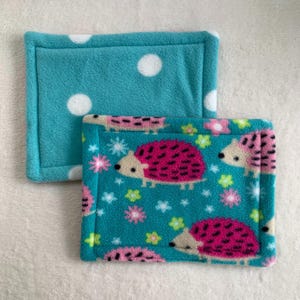 Può includere: Due cuscini per letti per animali domestici in pile. Uno è turchese con pois bianchi. L'altro è turchese con un motivo di ricci rosa, fiori rosa e bianchi e stelle bianche. Entrambi i cuscini hanno un bordo turchese.