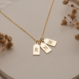 Dainty Initial Tag Necklace: Personalized Engraved Tiny Vertical Bar Pendant in Gold Plated and Silver