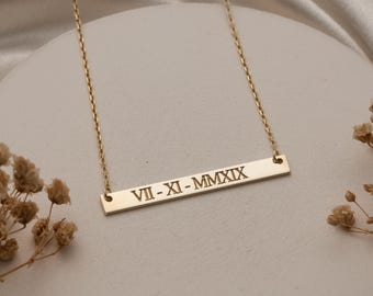 Personalized Bar Necklace: Minimalist Custom Gold Bar Pendant with Coordinates or Roman Numerals