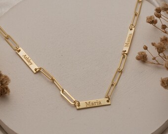 Multiple Engraved Name Bar Necklace: Custom Gold Name Necklace with Paperclip Chain in Silver
