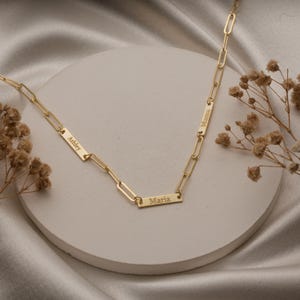 Personalized Multiple Name Bar Necklace: Custom Paperclip Chain Engraved Gold Jewelry