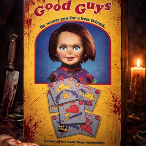 May include: A vintage-style "Good Guys" box featuring a doll with red hair and blue eyes. The box has the text "He wants you for a best friend." and "Collect all the Good Guys accessories." The box is yellow with red accents and a doll image.