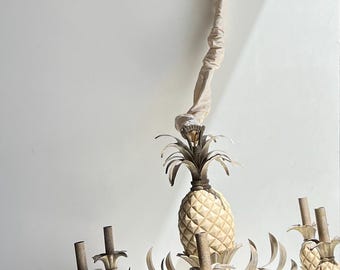1980s Quoizel Pineapple Tole Chandelier Hollywood Regency Coastal Lighting Tropical Palm Beach Style Vintage