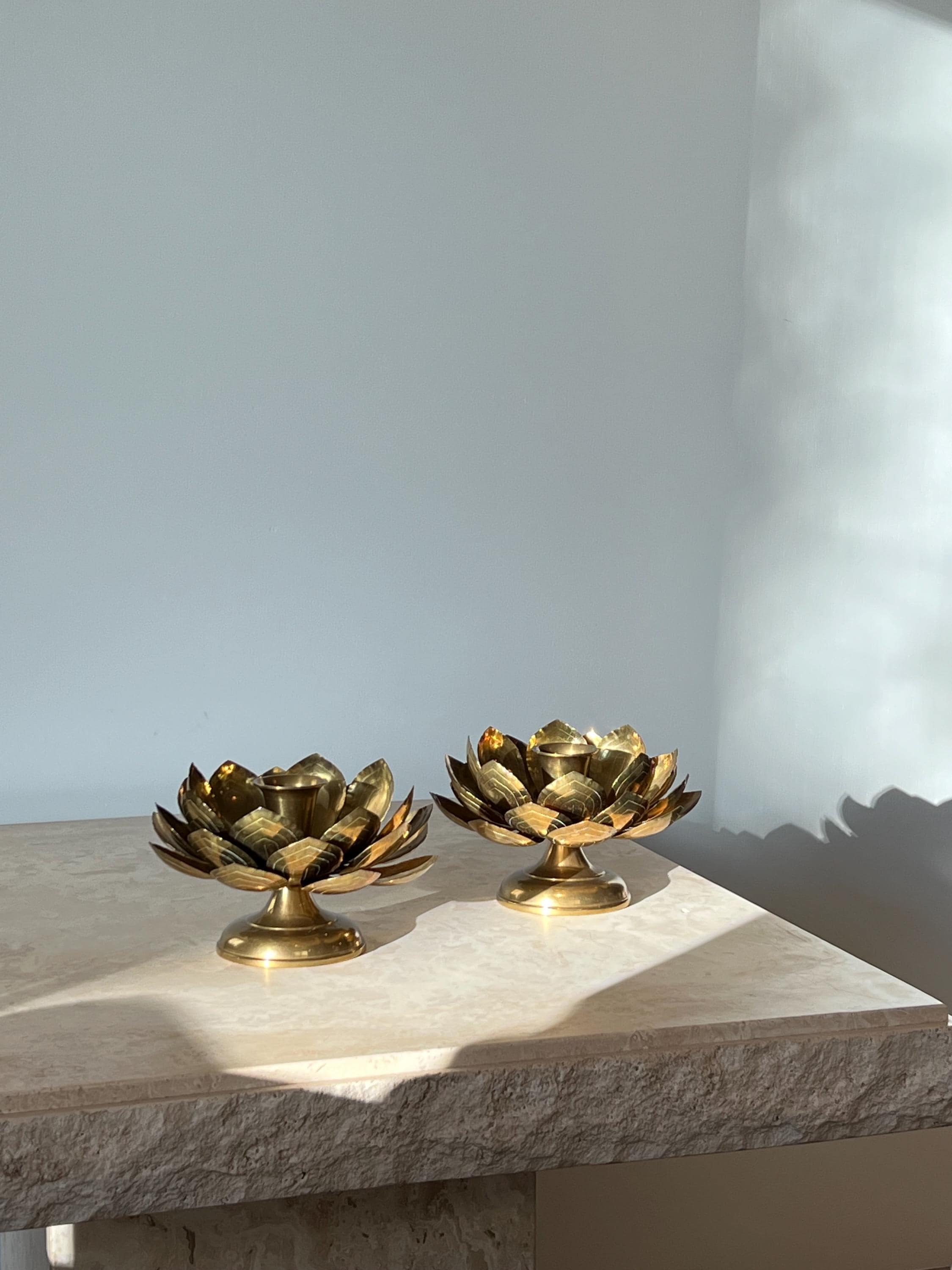 Mid Century Solid Brass Lotus Candle Holders Pair Sculptural