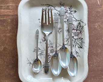 5 Vintage Silverplate Serving Pieces / 1930's First Love Pattern / Meat Fork / Serving Spoon / Holiday Flatware / F Monogram