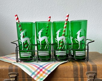 8 Green Gazelle Tumblers / Hazel Atlas Tom Collins Glasses / Set with Carrier / Art Deco Christmas / Holiday Entertaining