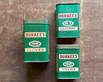 3 Vintage Durkee's Spice Tins / Red and Green / Instant Collection / Farmhouse Holiday / Cloves Cayenne Thyme / 1930's Durkee Spice Tin