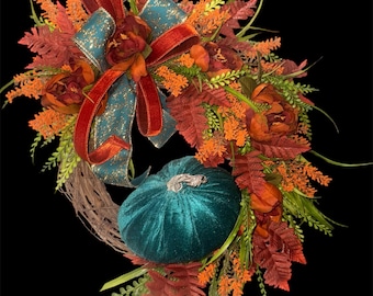 Teal & Amber Fall Grapevine Wreath with Velvet Pumpkin | Autumn Door Decor | Harvest Wreath