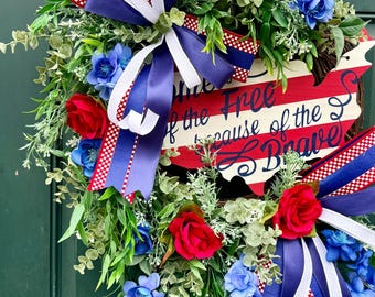 Patriotic USA Map Grapevine Wreath | Home of the Free Because of the Brave Door Wreath | Red White Blue Front Door Decor | Memorial Day