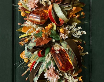 Luxury Fall Door Swag | Designer Ribbon Autumn Door Hanger | D. Stevens & Farrisilk Ribbon Swag | Elegant Front Door Decor