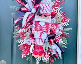 Peppermint Santa Wreath: Candy Cane Nutcracker Christmas Door Décor